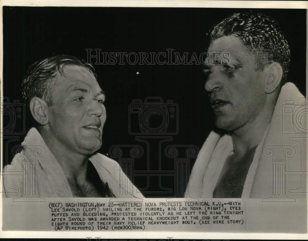 1942 Press Photo Boxers Lee Savold &amp; Lou Nova meet after fight, Washington- Historic Images