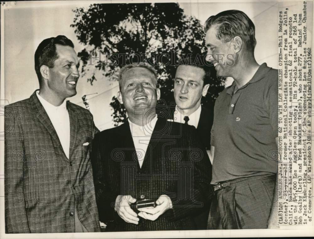 1962 Press Photo Golfer Phil Rodgers holds his Los Angeles Open award, CA - Historic Images