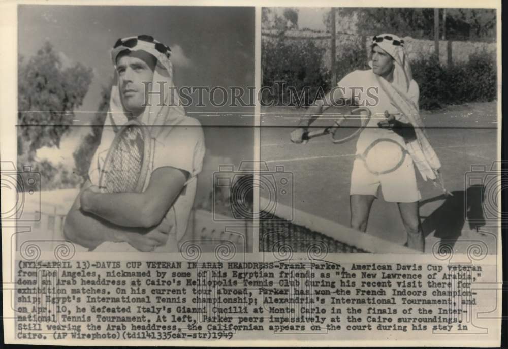 1949 Press Photo Tennis player Frank Parker wears Arab headdress at Cairo, Egypt- Historic Images