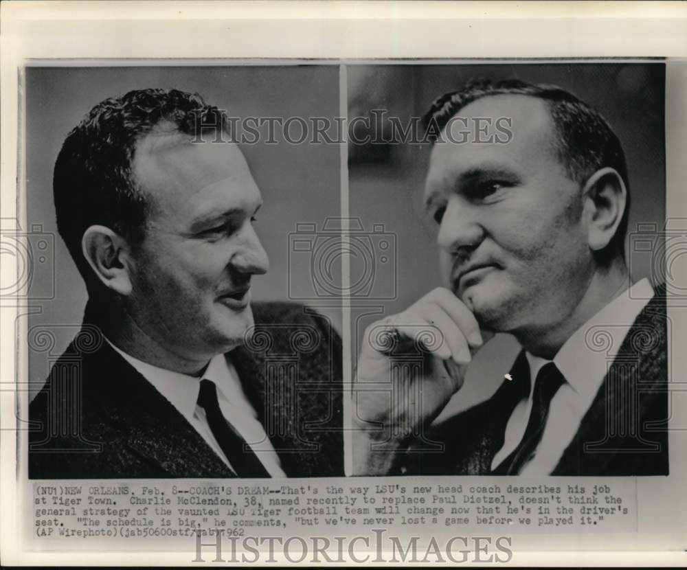1962 Press Photo Coaches Paul Dietzel & Charlie McClendon, Football, Louisiana - Historic Images