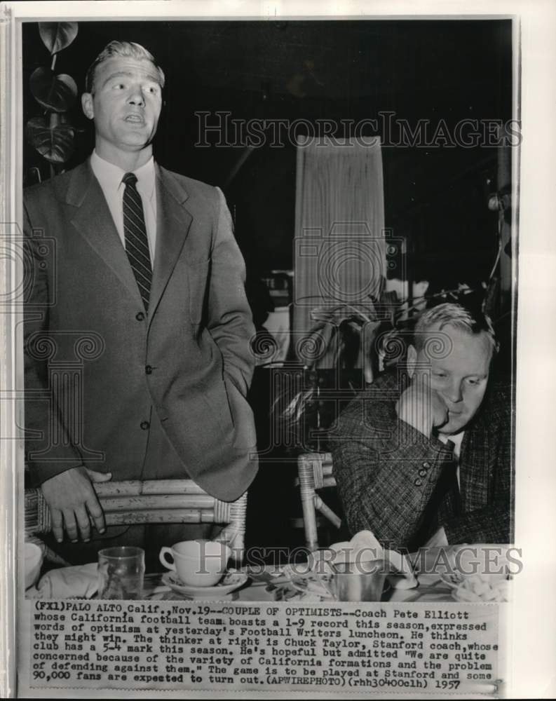 1957 Press Photo California&#39;s football Pete Elliott with Chuck Taylor, CA- Historic Images