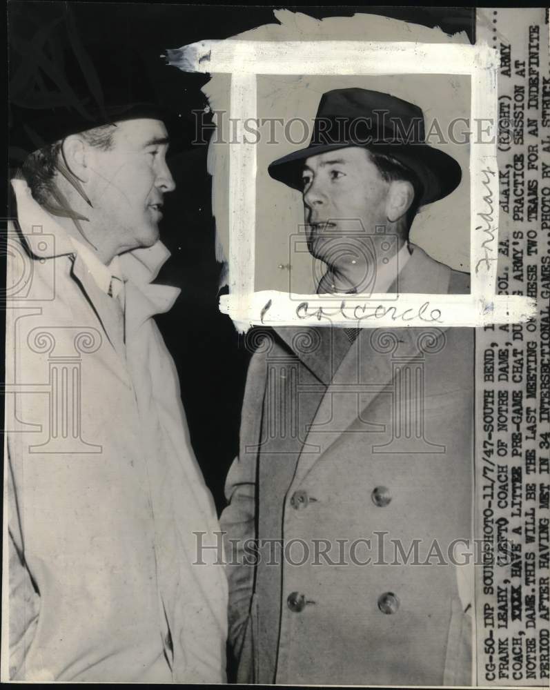 1947 Press Photo Army and Notre Dame football coaches chat before game, Indiana- Historic Images