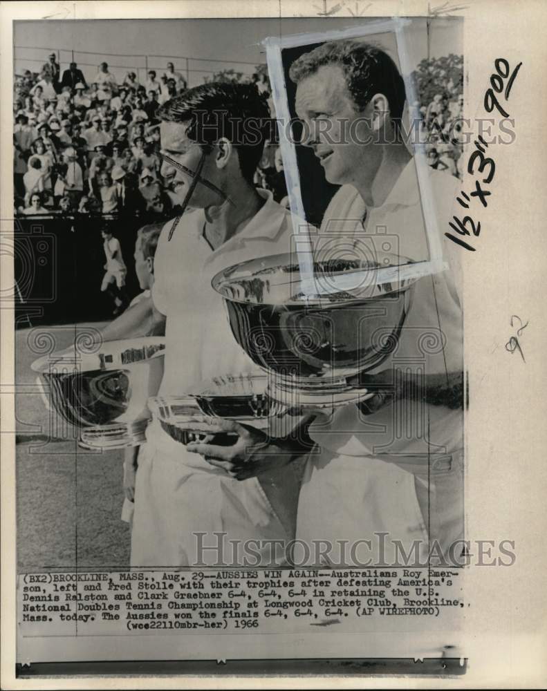 1966 Press Photo Roy Emerson &amp; Fred Stolle wins U.S. National Doubles Tennis, MA- Historic Images