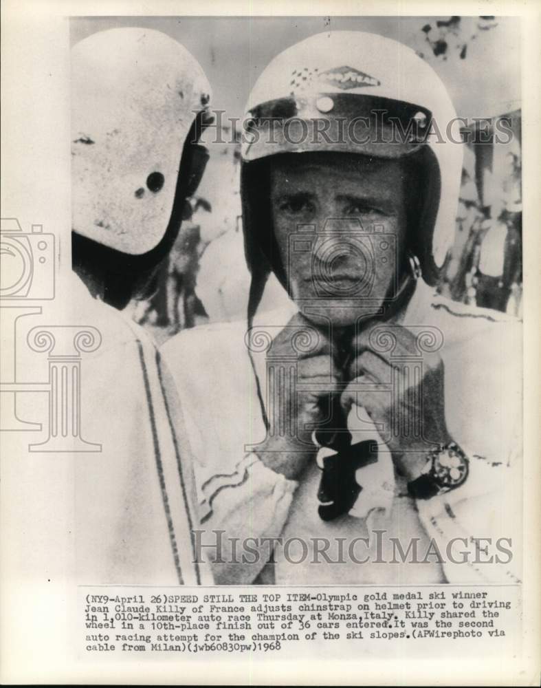 1968 Press Photo Skier Jean Claude Killy wears helmet, auto race, Monza, Italy - Historic Images