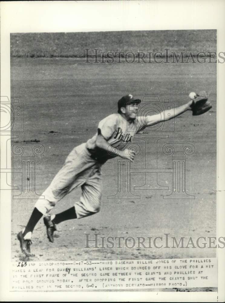 1953 Press Photo Philadelphia Phillies&#39; Willie Jones during game against Giants - Historic Images