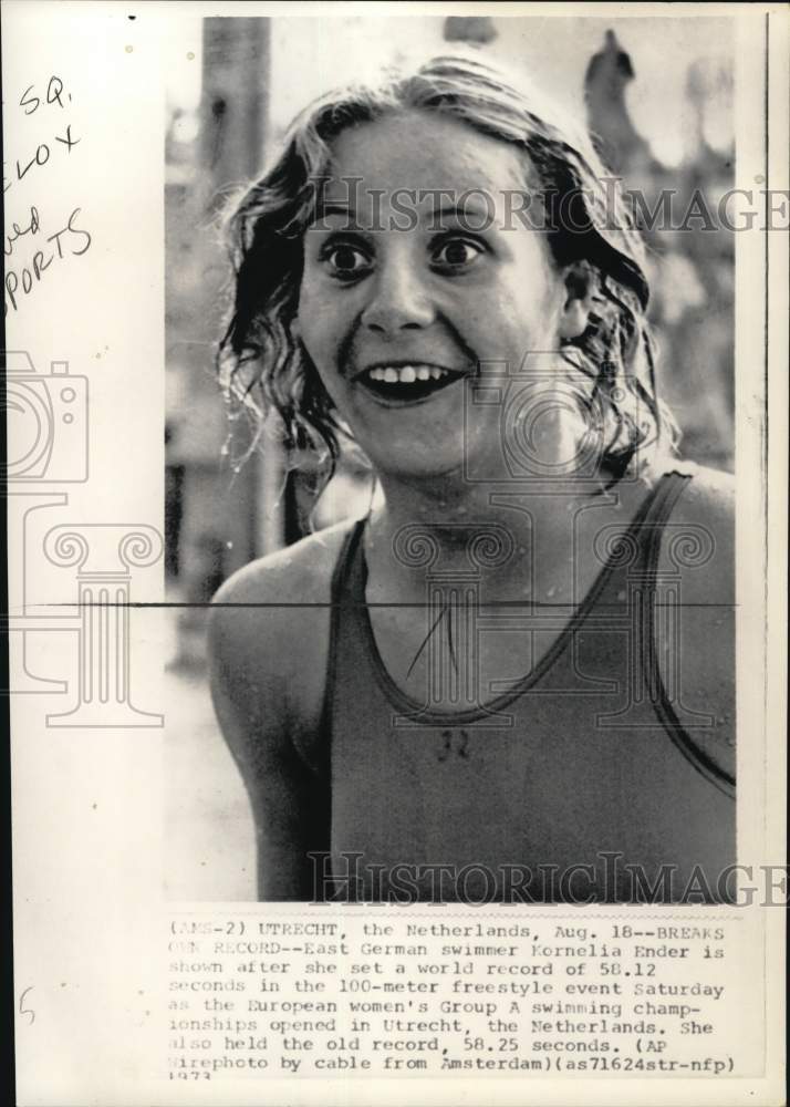 1973 Press Photo Swimmer Kornelia Ender set world record, Utrecht, Netherlands- Historic Images