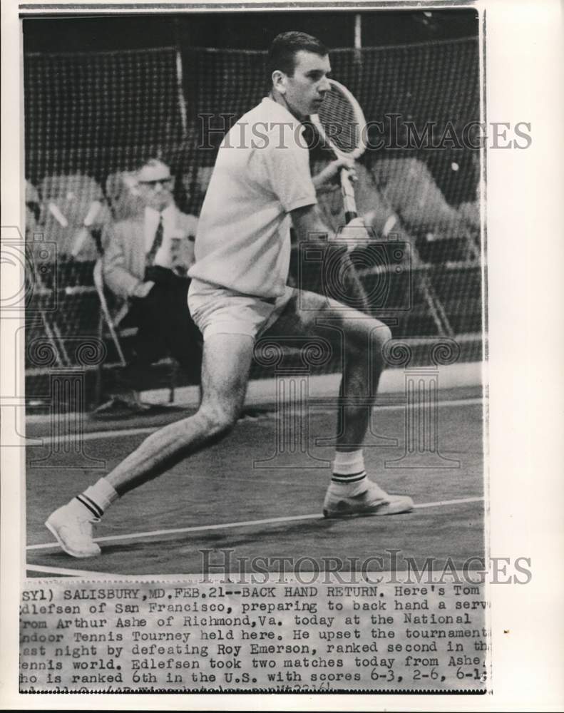 1964 Press Photo Tom Edlefsen in action, National Indoor Tennis Tournament, MD - Historic Images