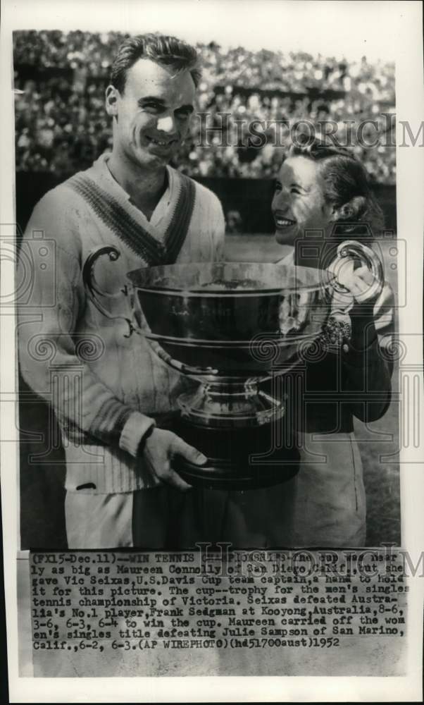 1952 Press Photo Vic Seixas &amp; Maureen Connolly wins tennis championship, Kooyong- Historic Images