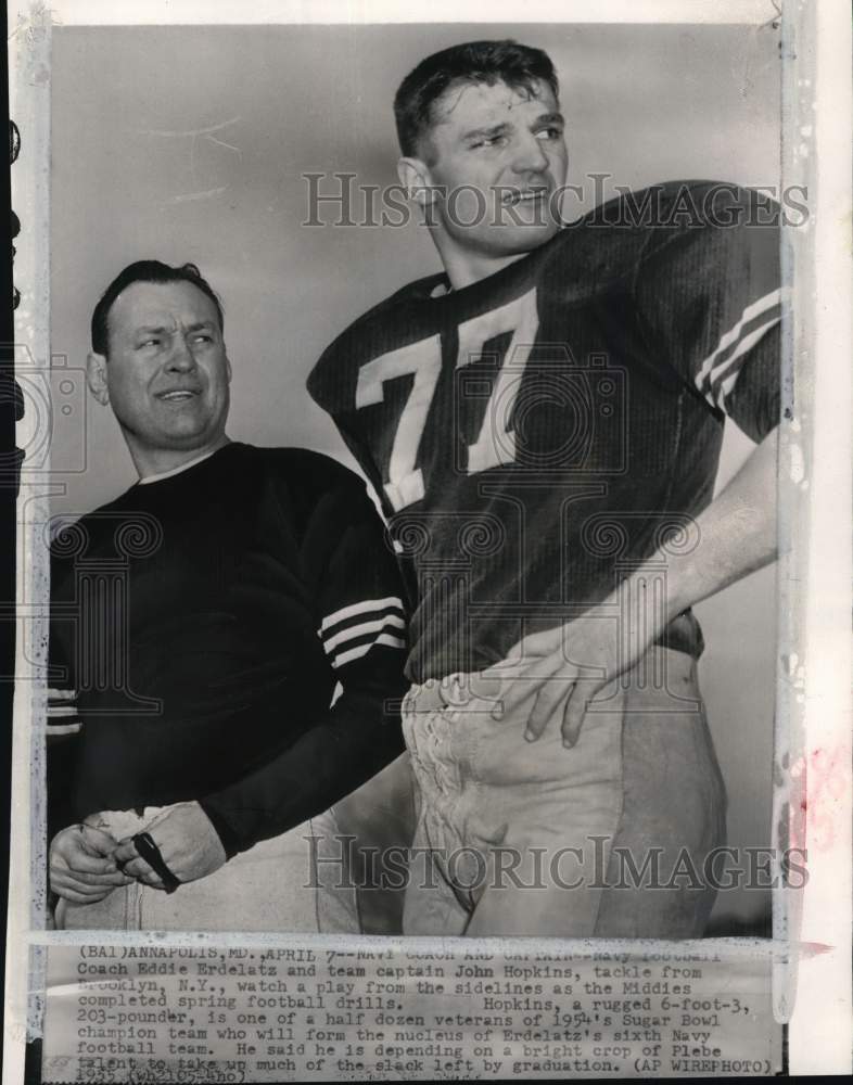 1955 Press Photo Navy&#39;s Eddie Erdelatz &amp; John Hopkins, Annapolis, Maryland- Historic Images