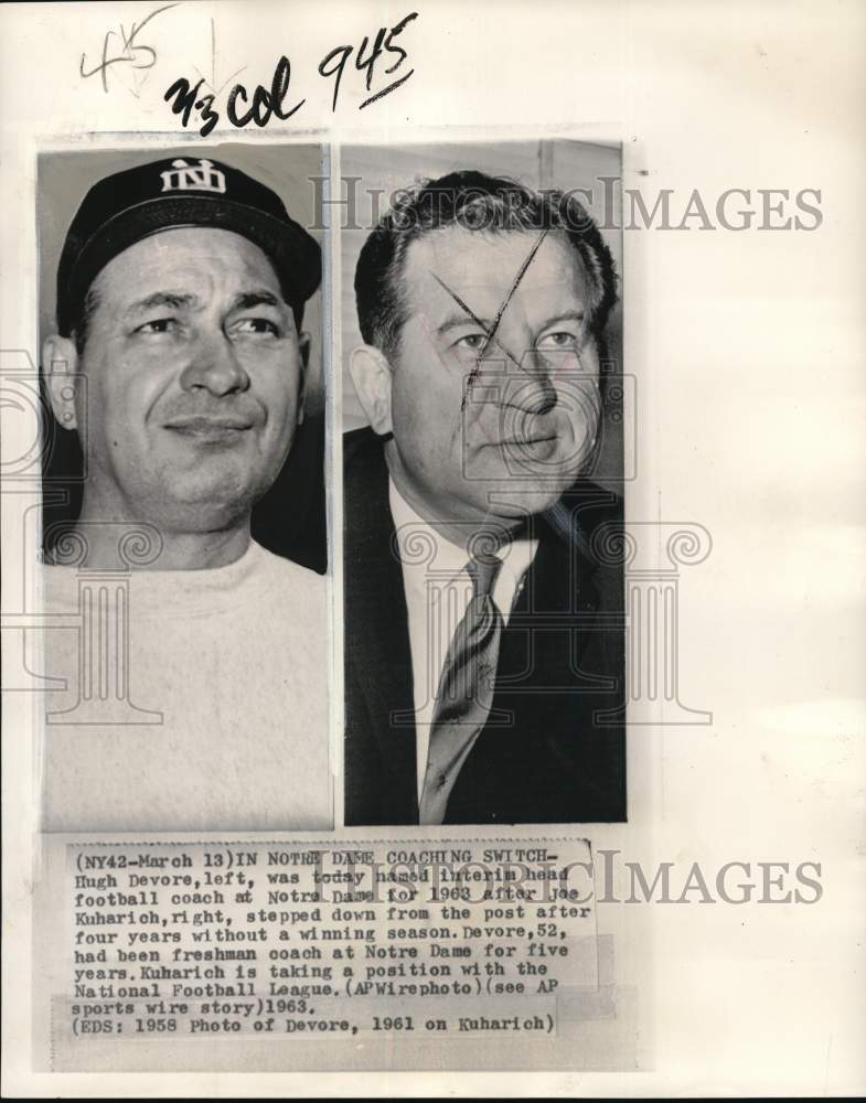 1958 Press Photo Notre Dame&#39;s football coach Hugh Devore &amp; Joe Kuharich - Historic Images