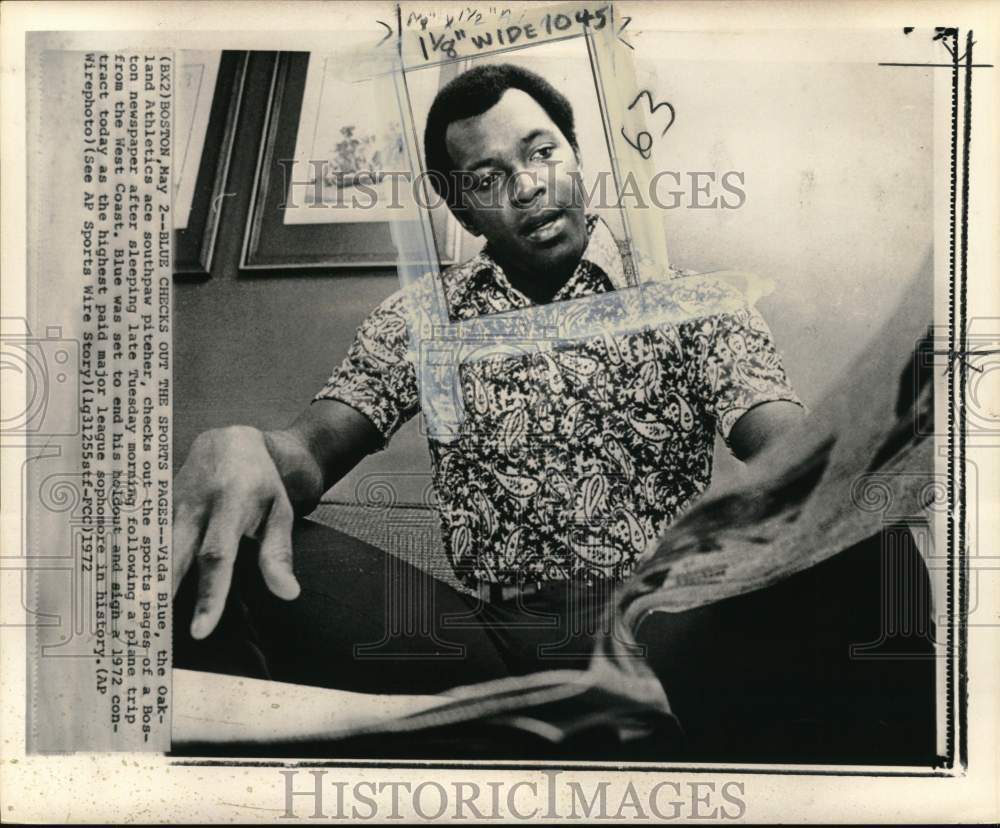 1972 Press Photo Oakland Athletics' baseball player Vida Blue, Boston, MA - Historic Images