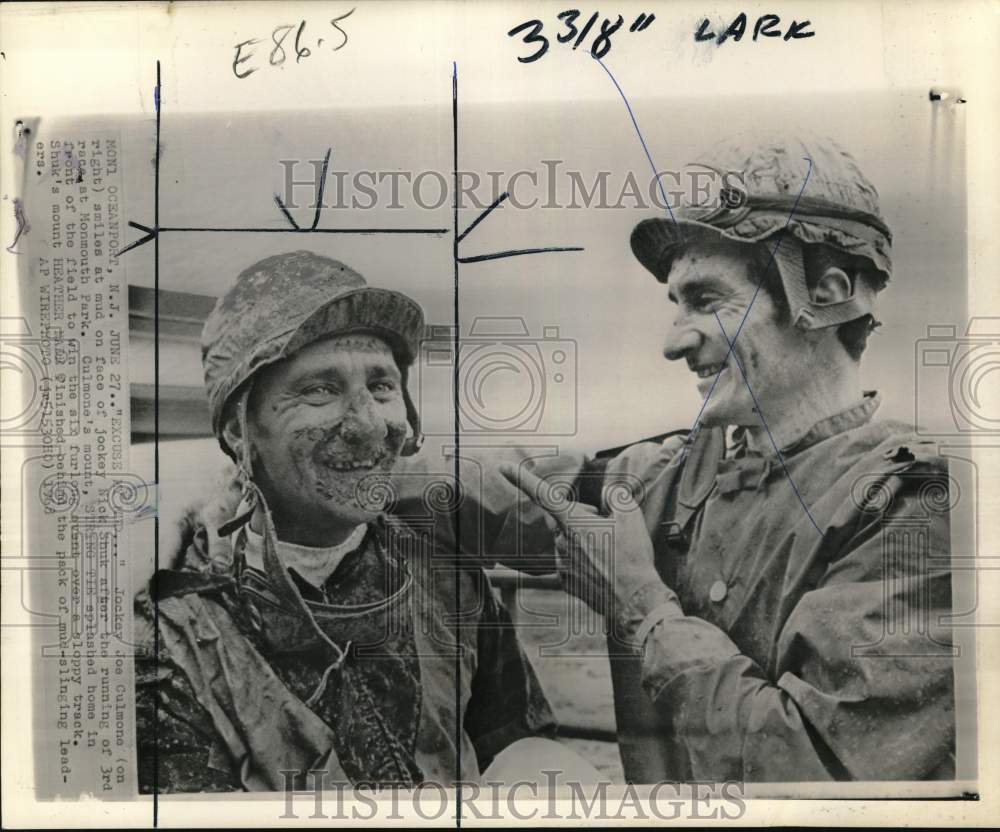 1968 Press Photo Jockeys Joe Culmone &amp; muddy-faced Nick Shuk, Monmouth Park, NJ - Historic Images