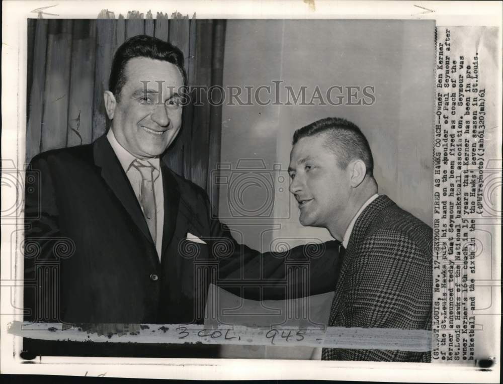 1961 Press Photo Hawks&#39; owner Ben Kerner &amp; ex-coach Paul Seymour, Basketball, MO- Historic Images