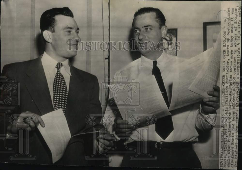 1950 Press Photo Phillies&#39; baseball player Del Ennis with Bob Carpenter, PA- Historic Images