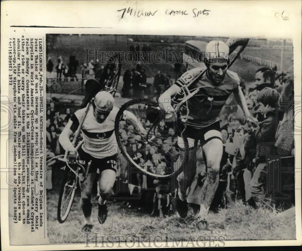 1973 Press Photo Robert Vermeire, Peter Thaler, Cyclo-Cross Championship, London - Historic Images