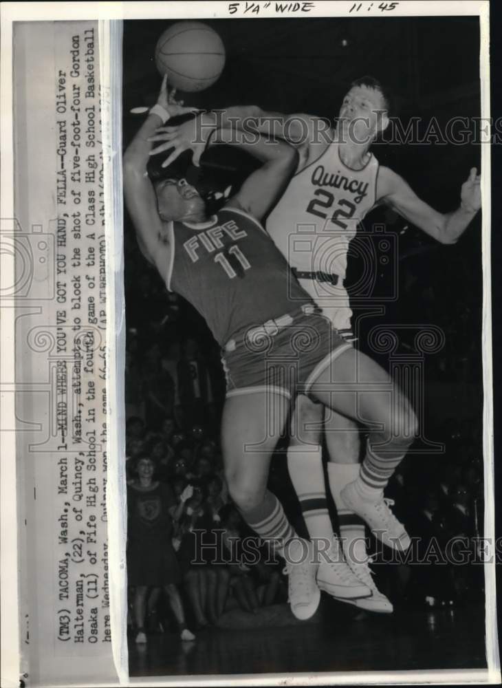 1967 Press Photo Oliver Halterman, Gordon Osaka, Quincy-Fife basketball game, WA- Historic Images