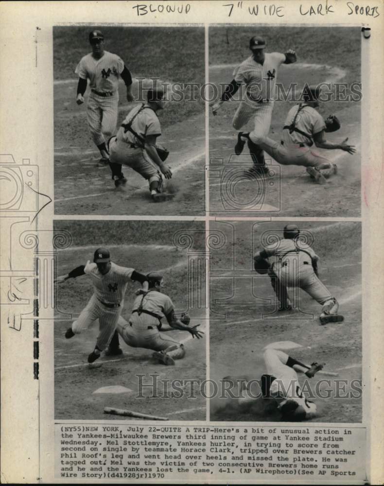 1970 Press Photo Yankees&#39; Mel Stottlemyre &amp; Brewers&#39; Phil Roof, baseball, NY- Historic Images