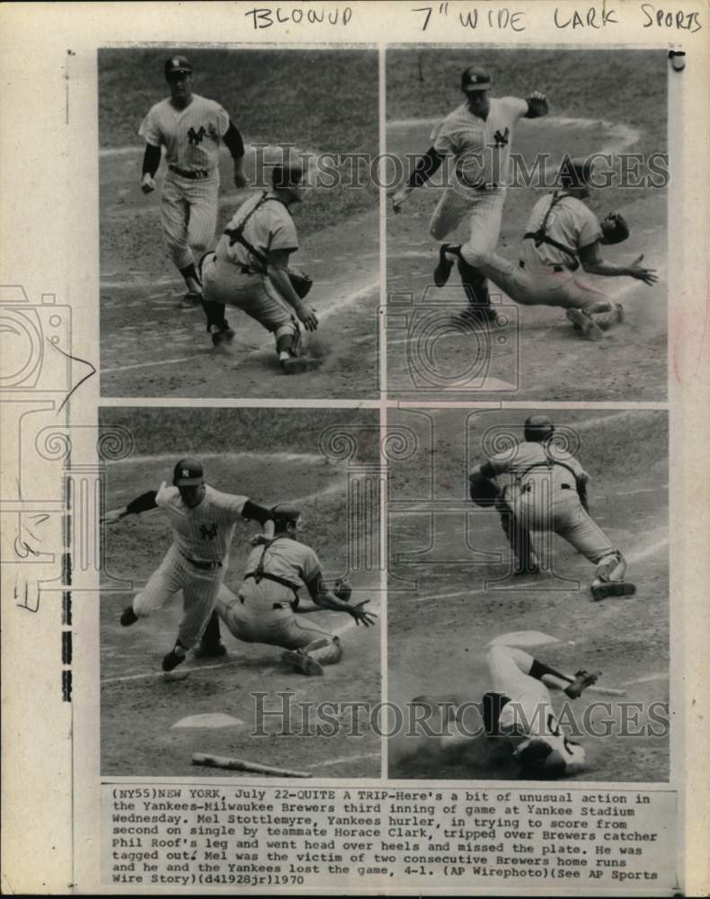 1970 Press Photo Yankees' Mel Stottlemyre & Brewers' Phil Roof, baseball, NY- Historic Images