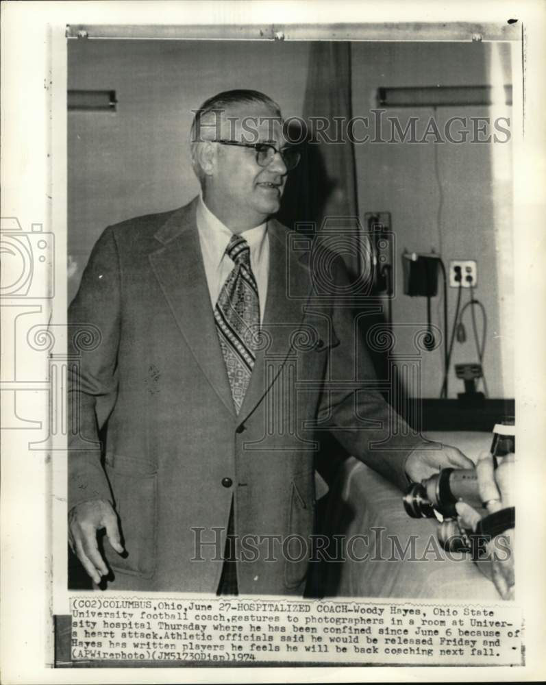 1974 Press Photo Ohio State University football coach Woody Hayes, Columbus, OH - Historic Images