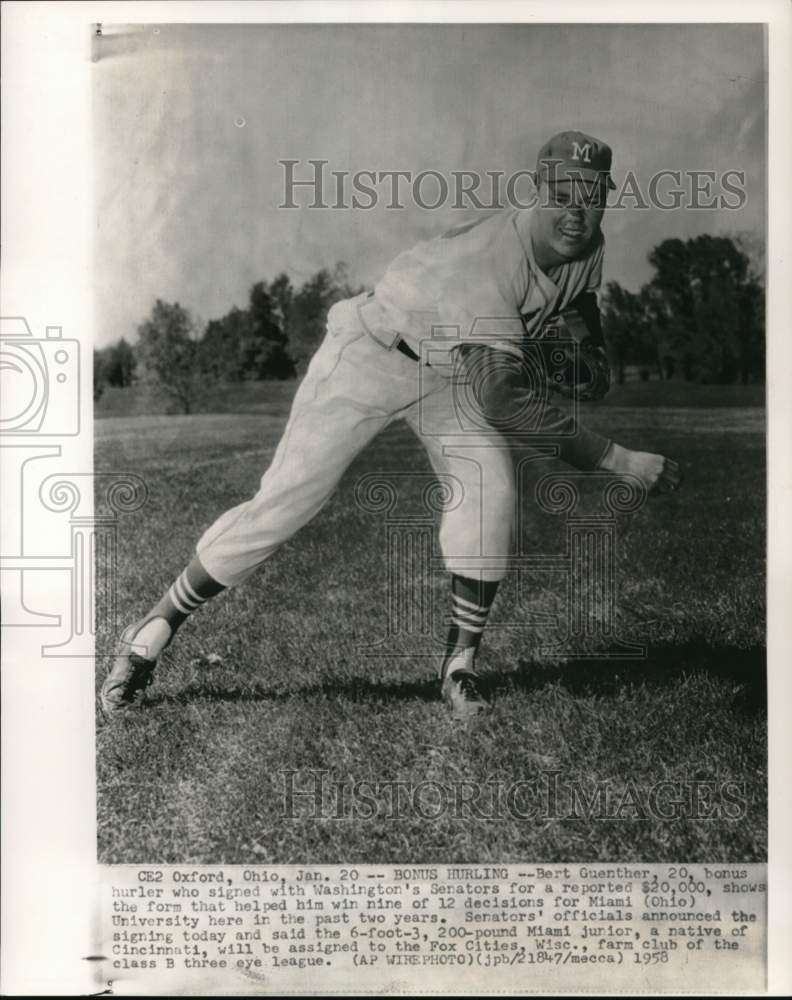 1958 Press Photo Washington Senators&#39; Bert Guenther, Oxford, Ohio - pis06144 - Historic Images