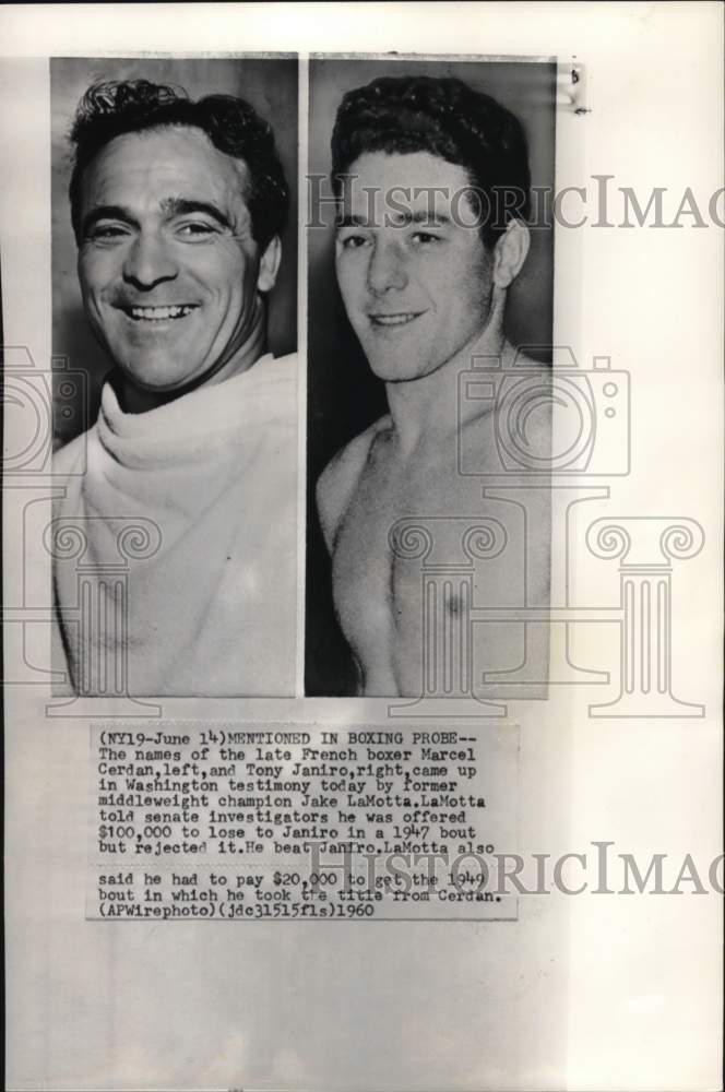 1960 Press Photo Late boxer Marcel Cerdan &amp; boxer Tony Janiro - pis06155- Historic Images