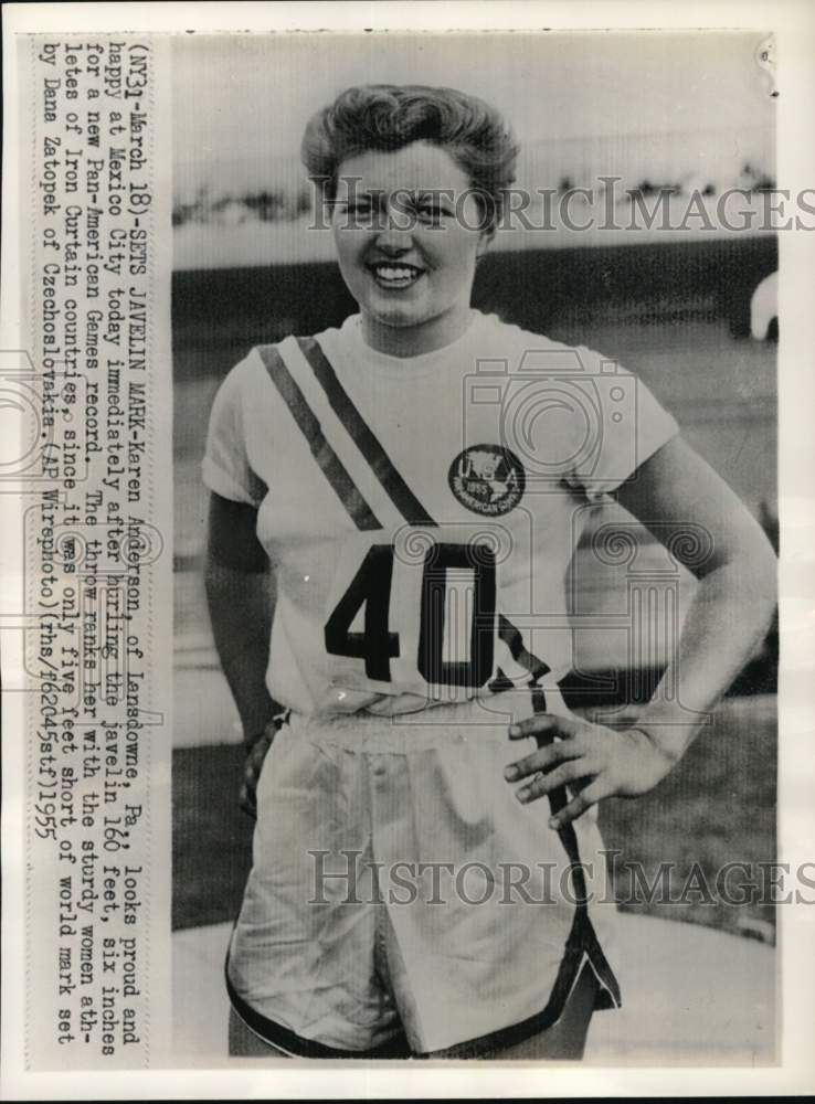 1955 Press Photo Karen Anderson sets record at Pan-American Games, Mexico City- Historic Images