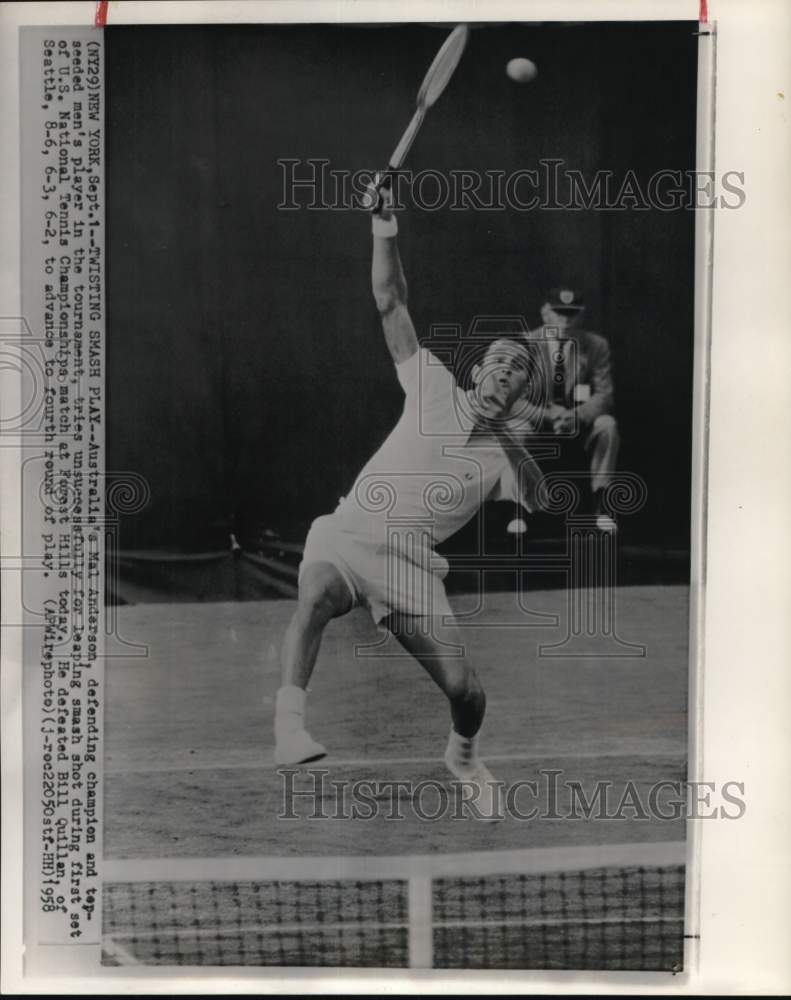 1958 Press Photo Mal Anderson during U.S. National Tennis Championship match, NY - Historic Images