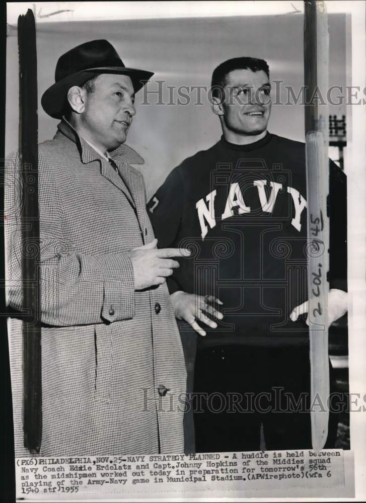 1955 Press Photo Navy football Eddie Erdelatz &amp; Captain Johnny Hopkins, PA- Historic Images