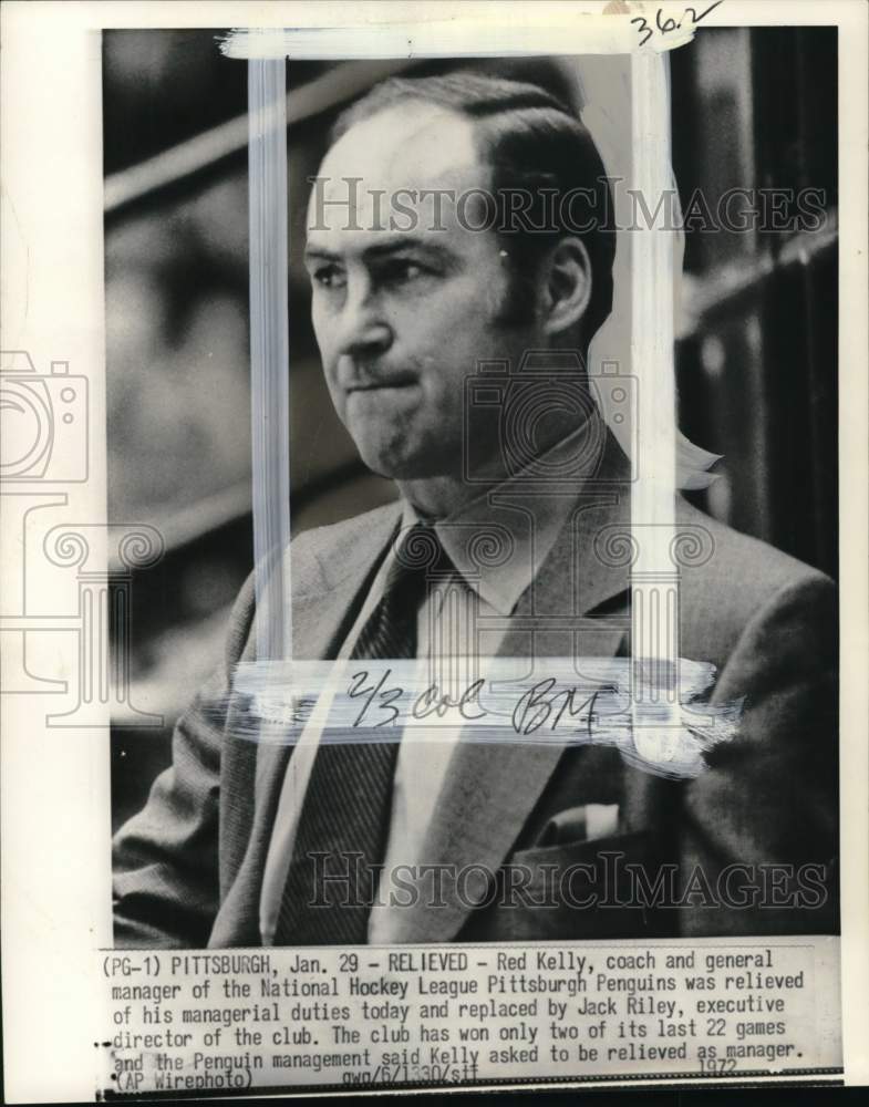 1972 Press Photo Pittsburgh Penguin coach Red Kelly, Hockey - pis06440- Historic Images