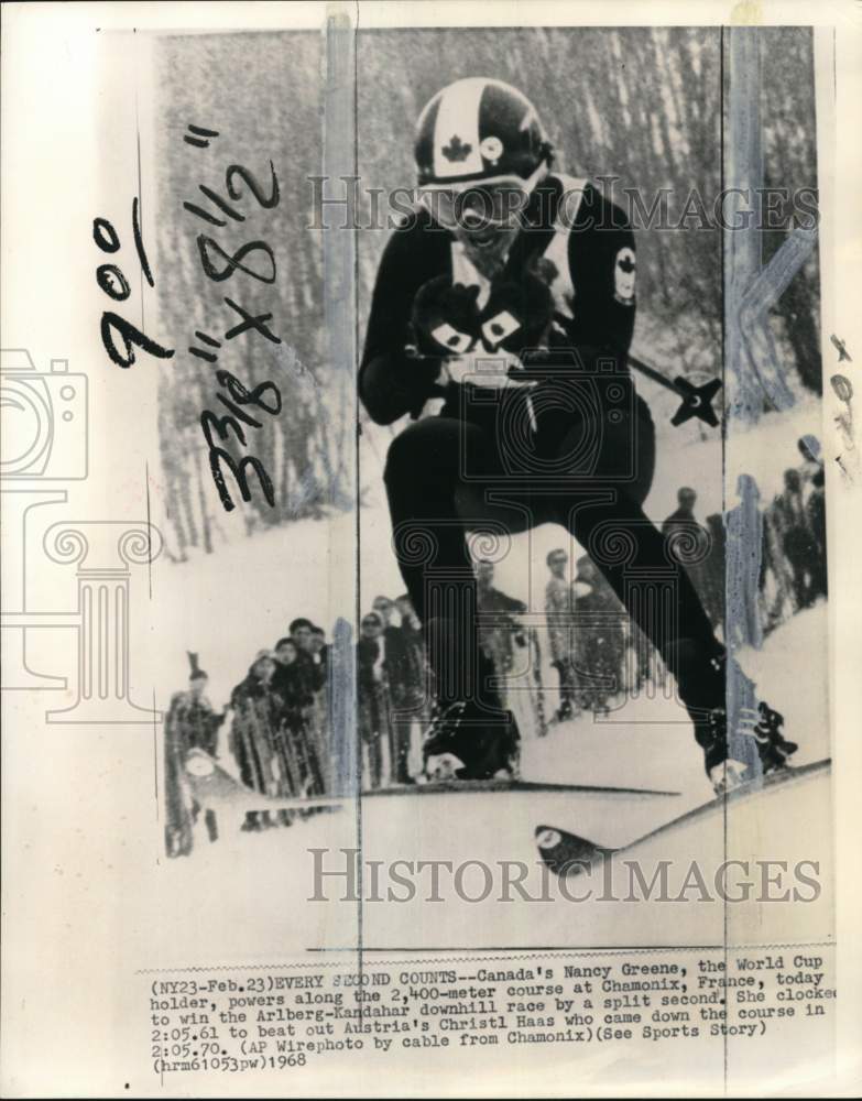 1968 Press Photo Skier Nancy Greene at Arlberg-Kandahar downhill race, Chamonix - Historic Images