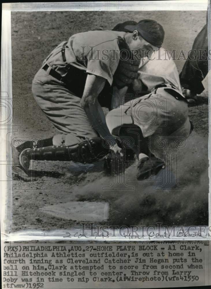 1952 Press Photo Al Clark &amp; Jim Hegan, Athletics vs Indians baseball game, PA - Historic Images