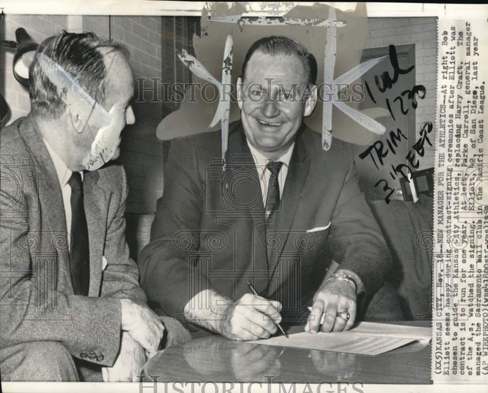 1959 Press Photo A&#39;s baseball manager Bob Elliott, general manager Parke Carroll - Historic Images