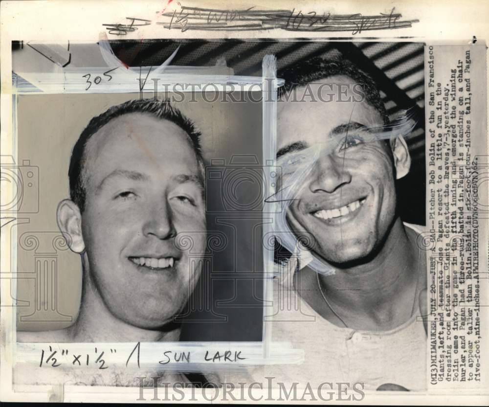 1962 Press Photo San Francisco Giants&#39; Bob Bolin &amp; Jose Pagan, Milwaukee - Historic Images