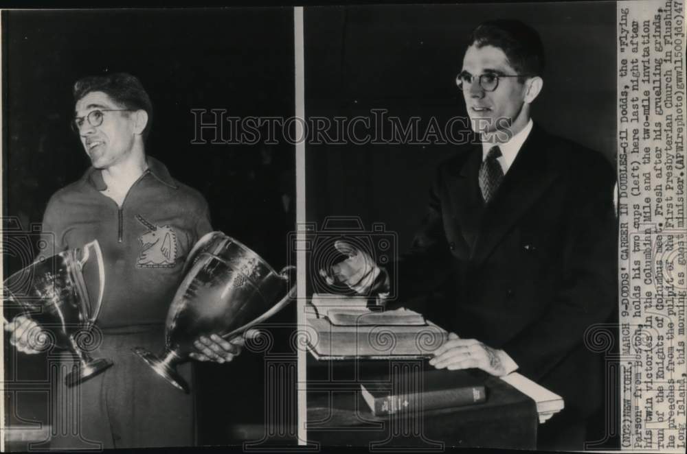 1947 Press Photo Shots of runner Gil Dodds preaching &amp; with trophies, NY- Historic Images