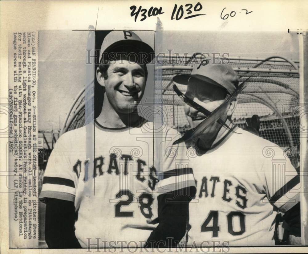 1971 Press Photo Pirates' Steve Blass & manager Danny Murtaugh, Baseball, CA- Historic Images