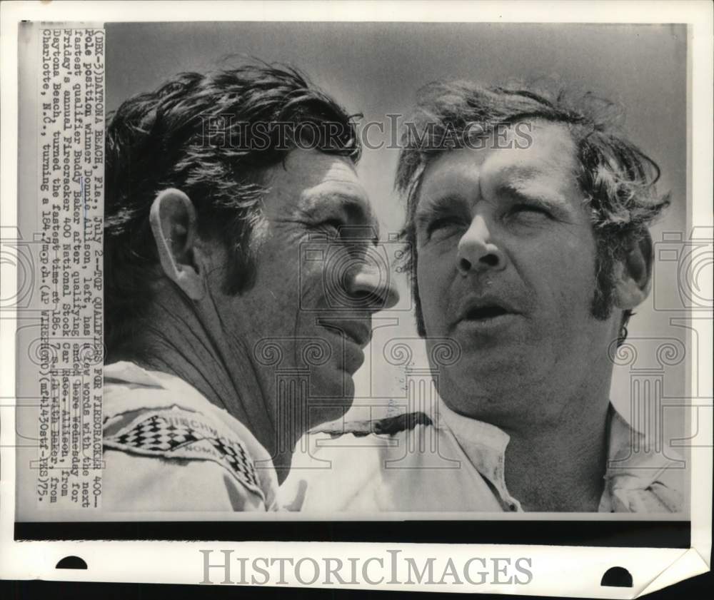 1975 Press Photo Donnie Allison & Buddy Baker, Firecracker 400 at Daytona, FL- Historic Images