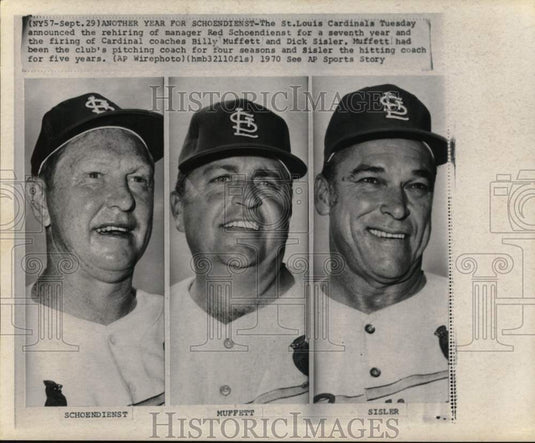1970 Press Photo Red Schoendienst, Billy Muffett & Dick Sisler, Baseball - Historic Images