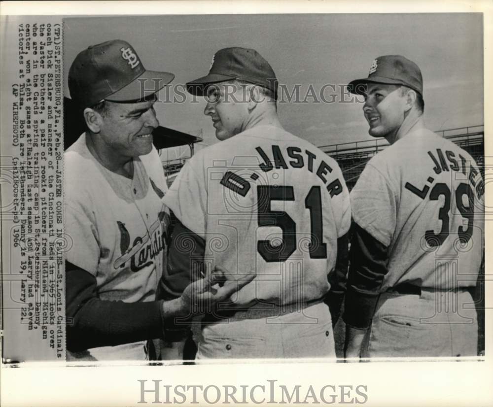 1966 Press Photo Baseball&#39;s Danny Jaster, Larry Jaster &amp; coach Dick Sisler, FL- Historic Images