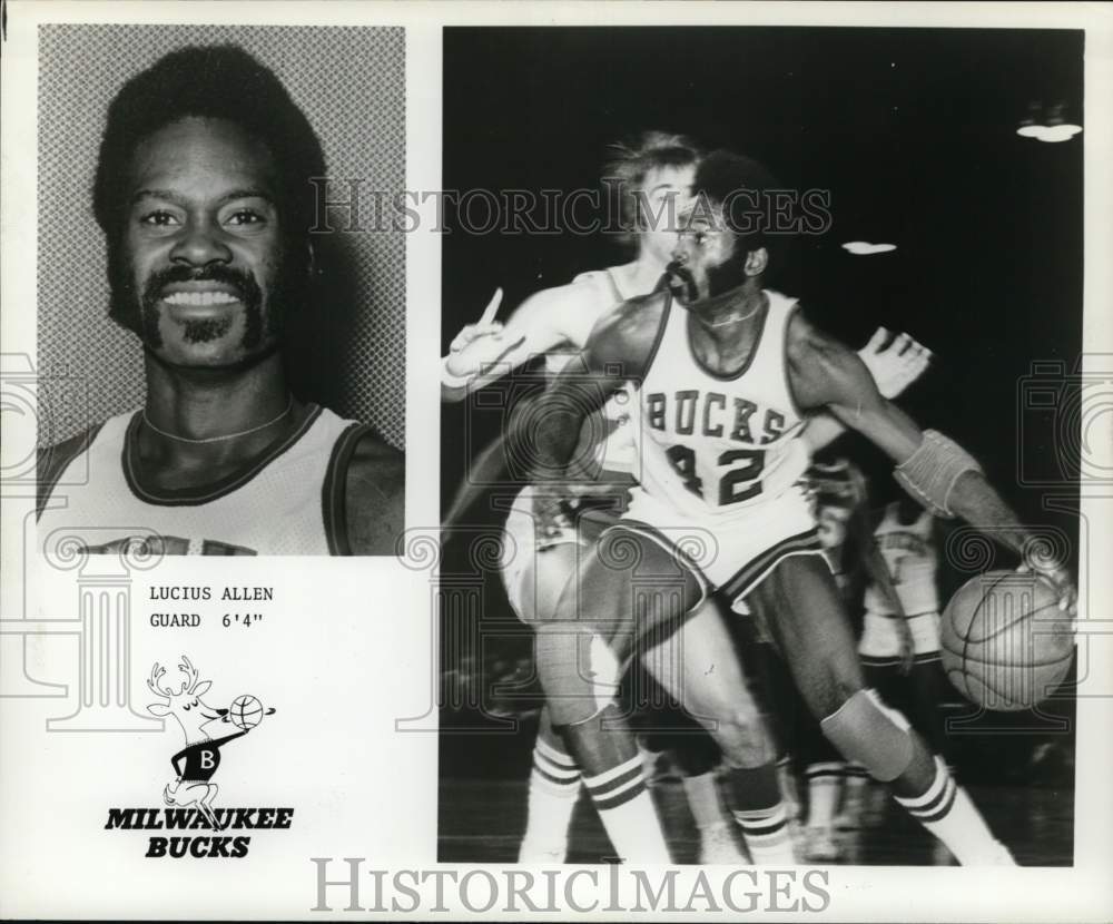 1976 Press Photo Milwaukee Bucks&#39; Lucius Allen &amp; basketball game - pis06796- Historic Images