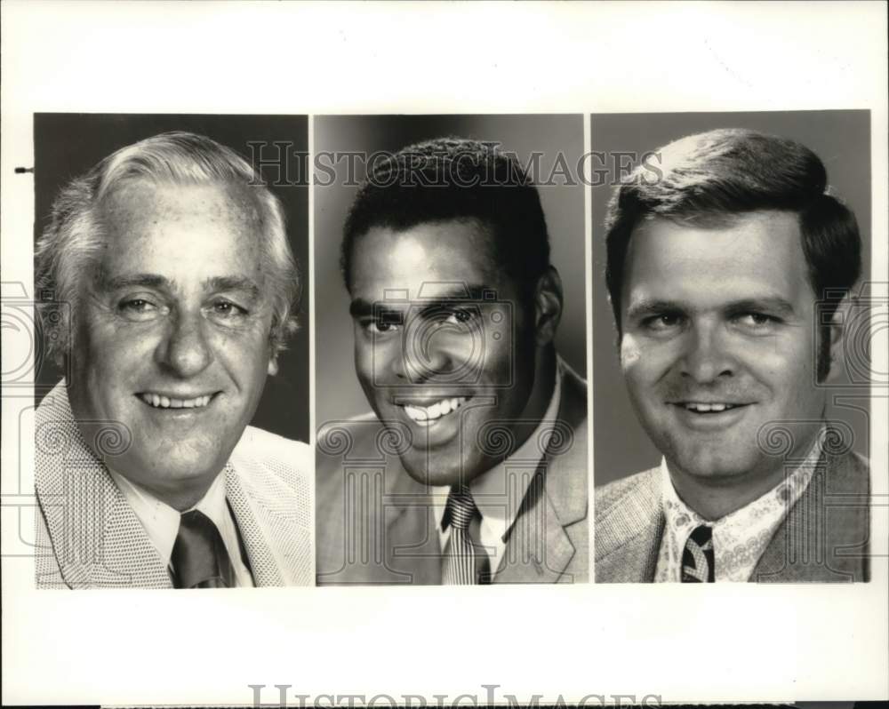 1974 Press Photo Sportscasters Curt Gowdy, Tom Hawkins, Ross Porter, basketball - Historic Images