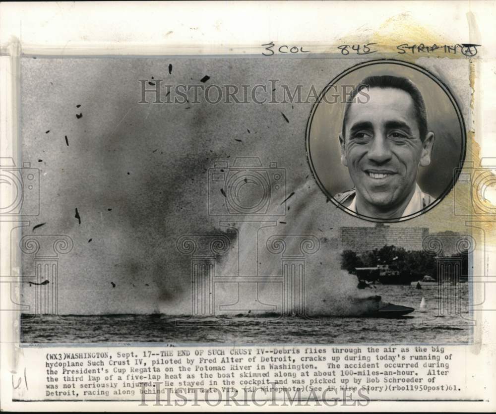 1961 Press Photo Hydro driver Fred Alter, President's Cup Regatta accident, DC - Historic Images