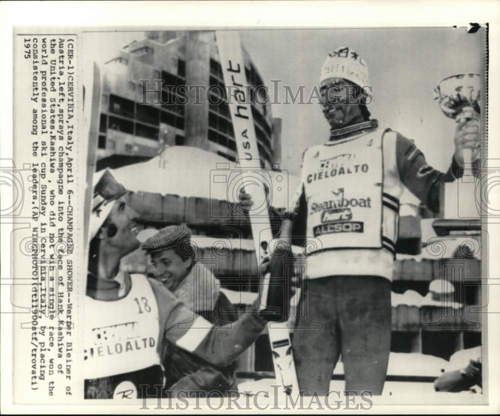 1975 Press Photo Professional Ski Cup winner Hank Kashiwa, Werner Bleiner, Italy - Historic Images