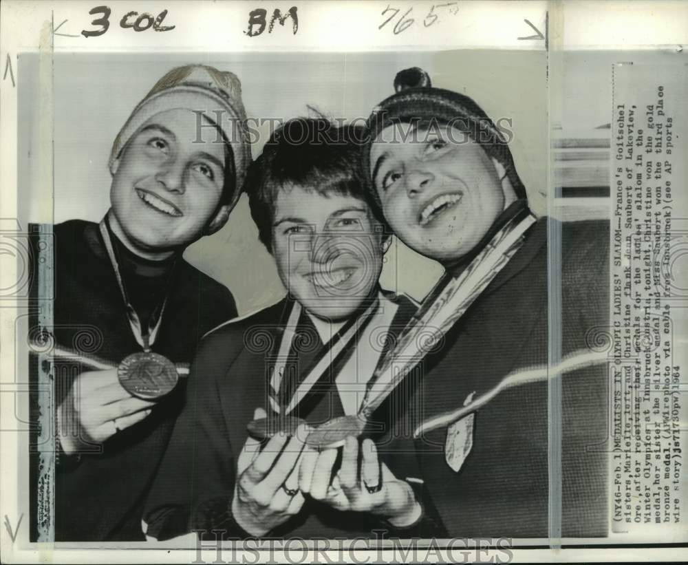 1964 Press Photo Marielle &amp; Christine Goitschel, Jean Saubert, skiing, Innsbruck - Historic Images