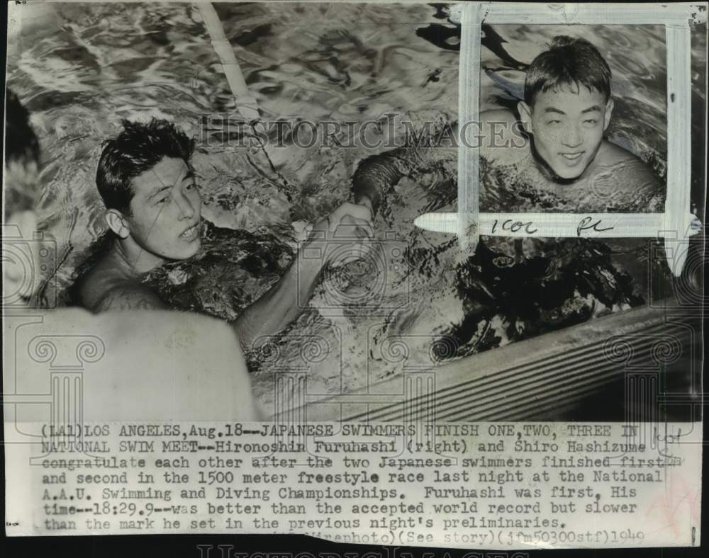 1949 Press Photo Japanese swimmers Hironoshin Furuhashi &amp; Shiro Hashizume, CA - Historic Images