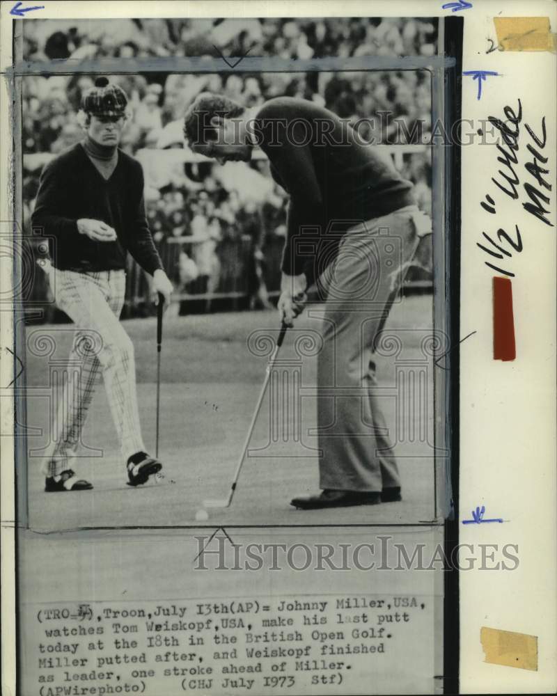 1973 Press Photo Golfers Johnny Miller, Tom Weiskopf play British Open, Scotland - Historic Images