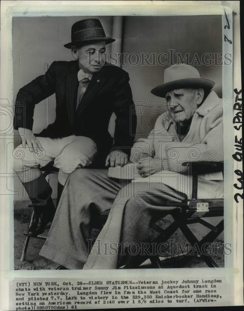 1961 Press Photo Jockey Johnny Longden &amp; Sunny Jim Fitzsimmons, New York- Historic Images