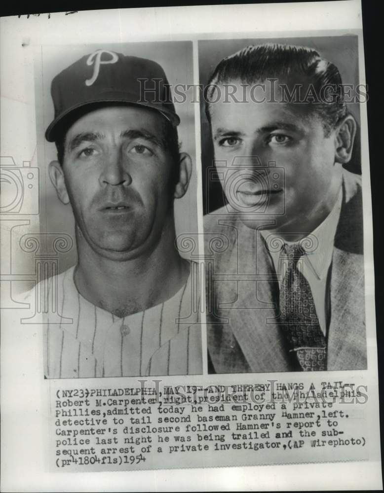 1954 Press Photo Philadelphia Phillies&#39; Granny Hamner &amp; Robert M. Carpenter, PA- Historic Images