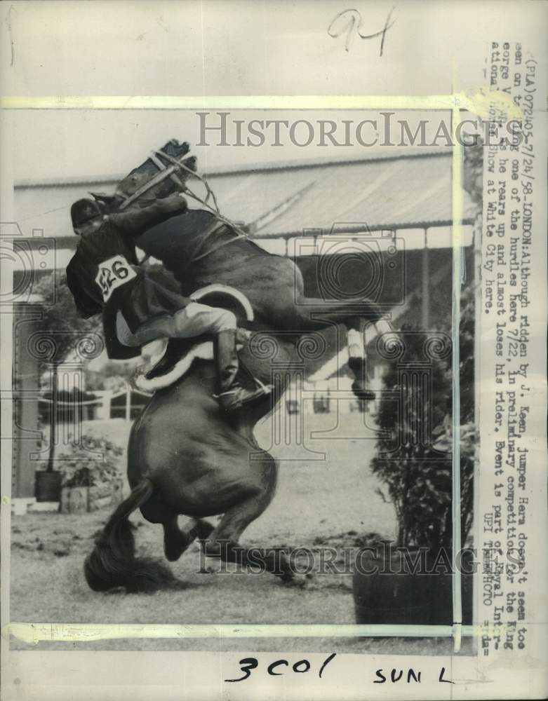 1958 Press Photo Rider J. Keen & Hera, Royal International Horse Show, London- Historic Images