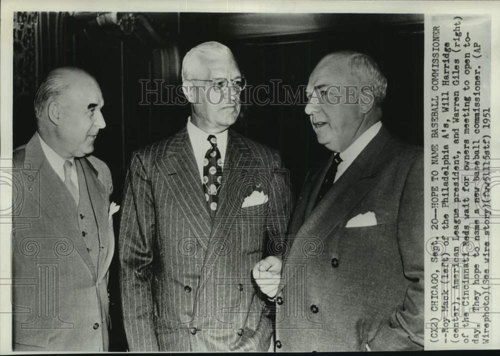 1951 Press Photo Will Harridge, Roy Mack, Warren Giles, baseball meeting, IL - Historic Images