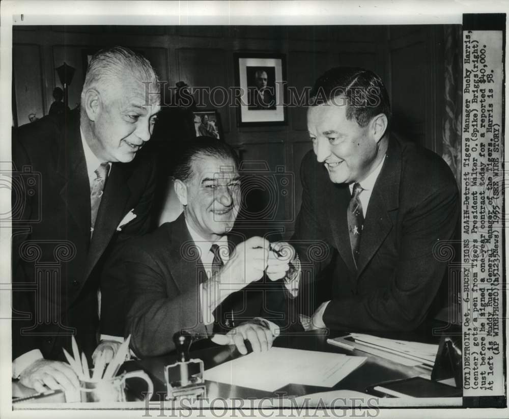 1955 Press Photo Bucky Harris, Walter Briggs, Muddy Ruel, Tigers baseball, MI - Historic Images